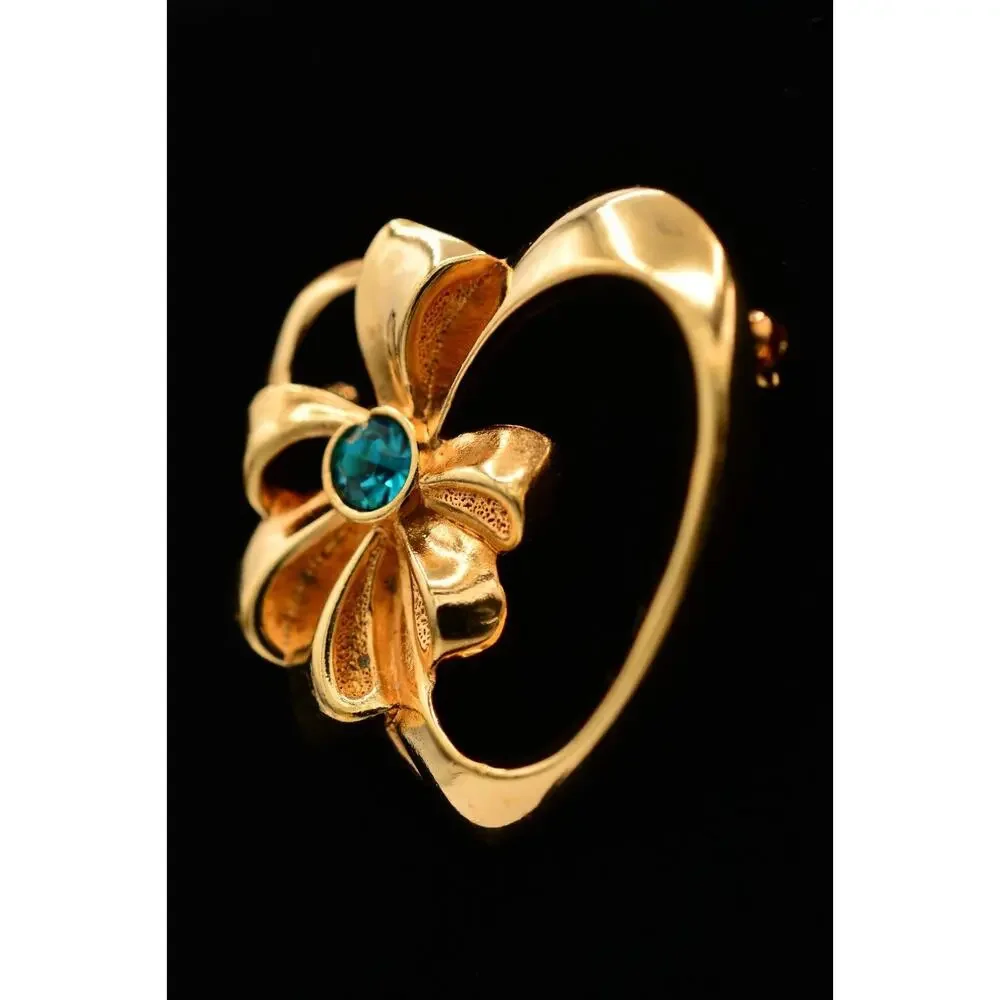 Avon Vintage Heart Pin Brooch Teal Rhinestone Crystal Bow Gold Signed 80s BinAT